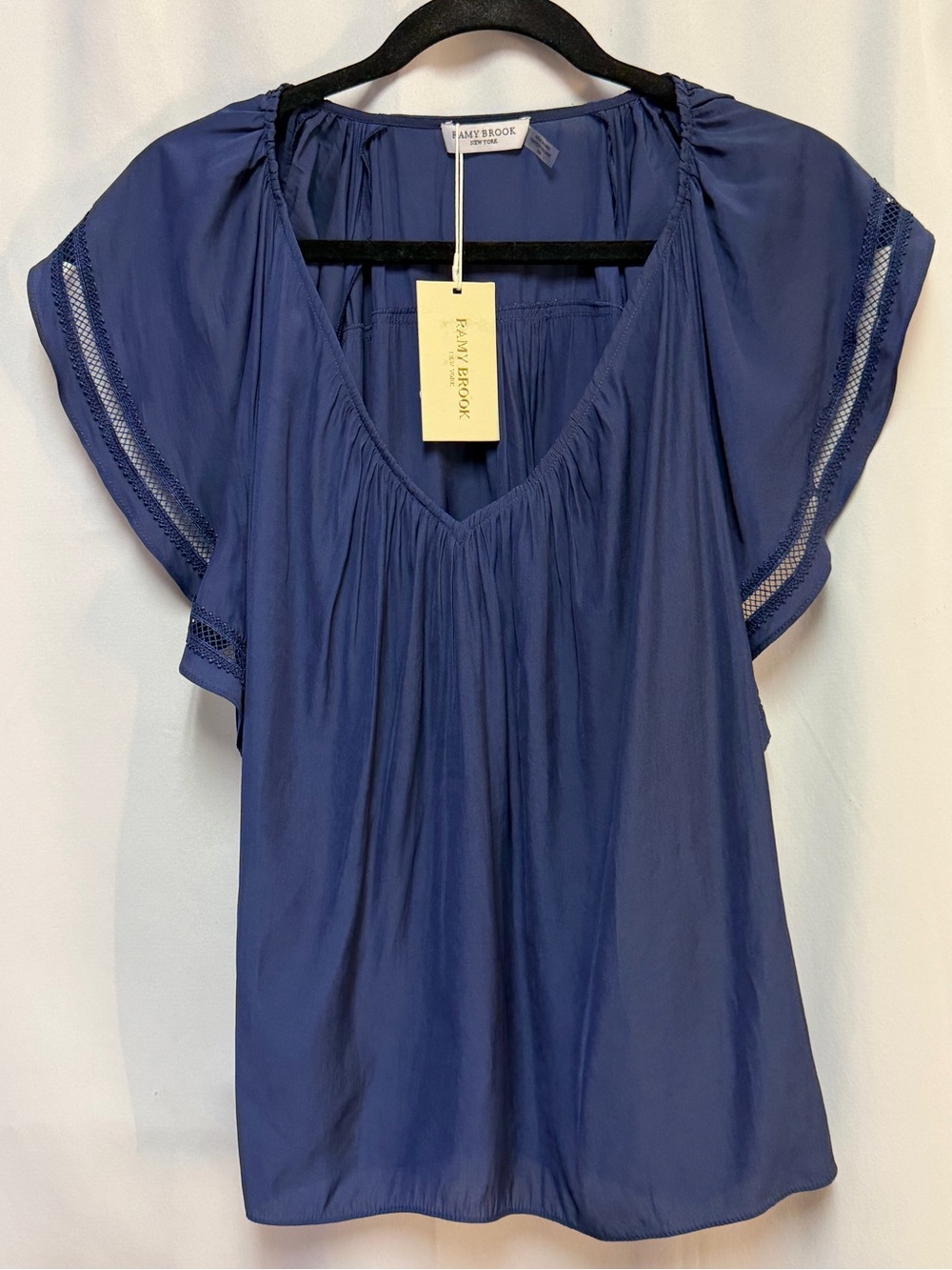 Ramy Brook Deep Blue Flutter Sleeve V-Neck Winston Blouse NWT Size Medium